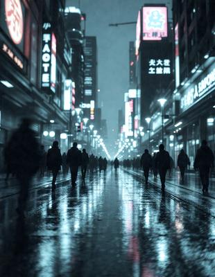 The primary subject of the image is a group of people walking down a city street at night. The setting is a busy city street with tall buildings and neon lights, creating a lively atmosphere. The visual style is a black and white photo, which adds a sense of nostalgia and timelessness to the scene. The dominant colors are black, white, and various shades of gray, which contribute to the overall mood of the image.
